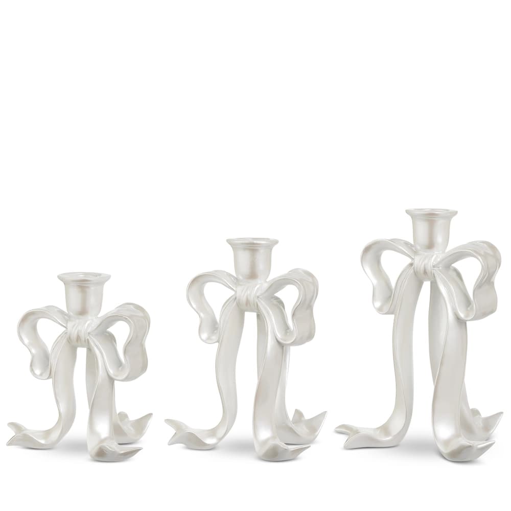 White Pearlescent Bow Candlesticks